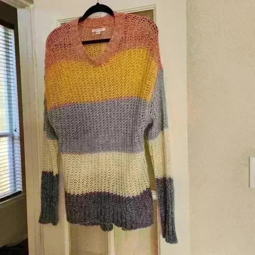 American Eagle Women's Knit Chunky Multicolored Striped Wool Fall Sweater Large